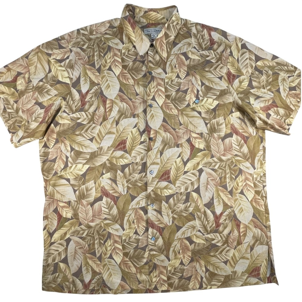 Tori Richard Vintage Shirt Mens 2XLT Tan Leaf Print Cotton Lawn Made in Hawaii